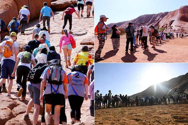 Photos of tourists snaking up Uluru in past Photos of tourists snaking up Uluru in past