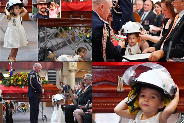 Andrew ODwyer 20 Month Old Daughter Wears His Helmet At His Funeral