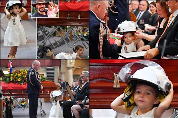 Andrew ODwyer 20 Month Old Daughter Wears His Helmet At His Funeral