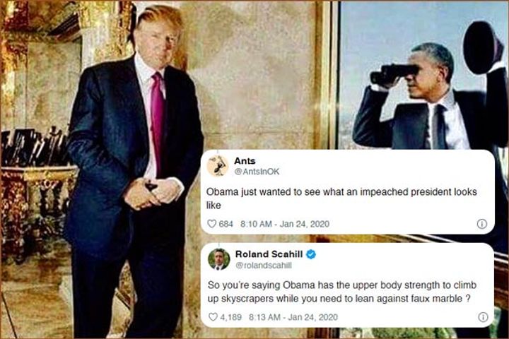 Donald Trump gets trolled for sharing photoshopped image of Barack Obama spying on him