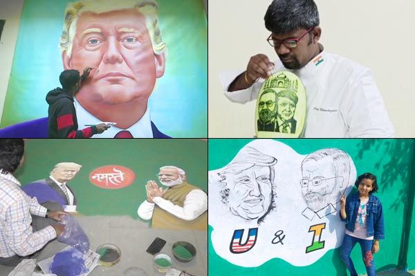 Painting somewhere and fruit carving somewhere  Indians making their own trump artwork
