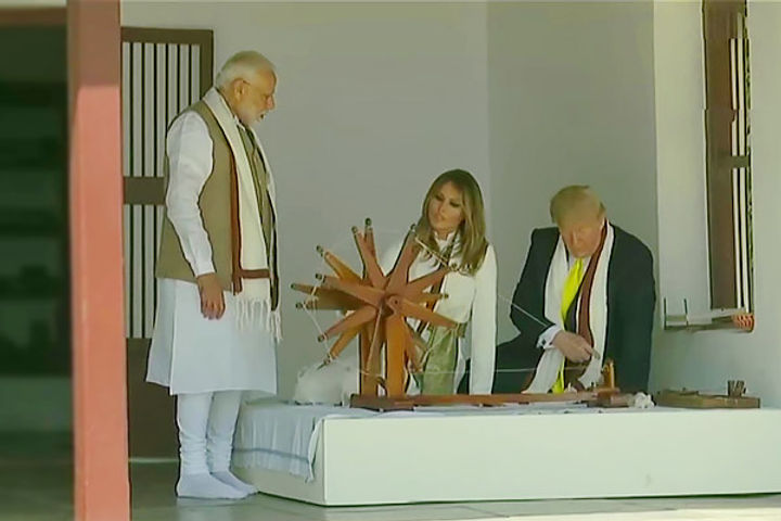 Donald Trump  Melania try their hand at spinning  charkha at Sabarmati Ashram