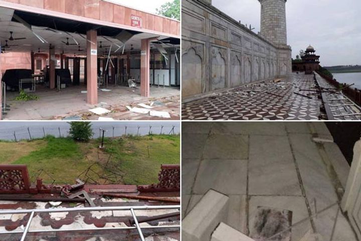 Damage to Taj Mahal due to thunderstorm and rain railing broken trees fell