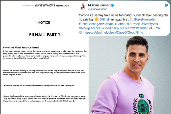 Akshay Kumar warns against fake casting for the song Filhall part 2