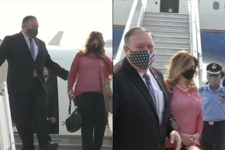 US Secretary of State Michael Pompeo and his wife Susan Pompeo arrive in Delhi