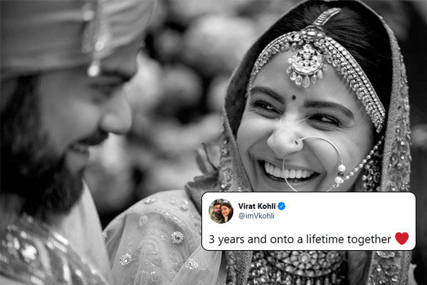 Virat congratulates Anushka on completing 3 years of marriage