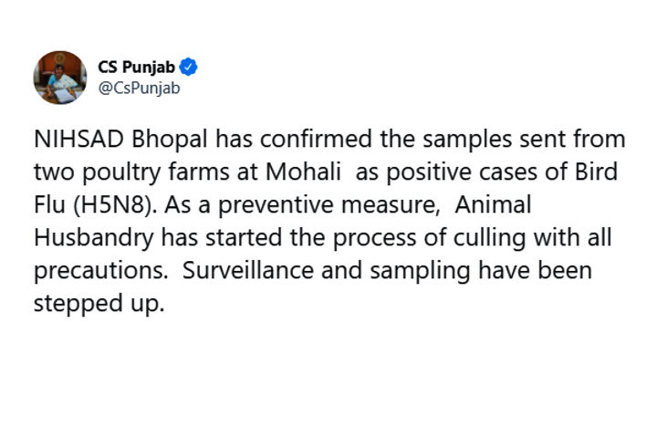 NIHSAD Bhopal Has Confirmed The Samples Sent From Two Poultry Farms At Mohali As Positive Cases Of B
