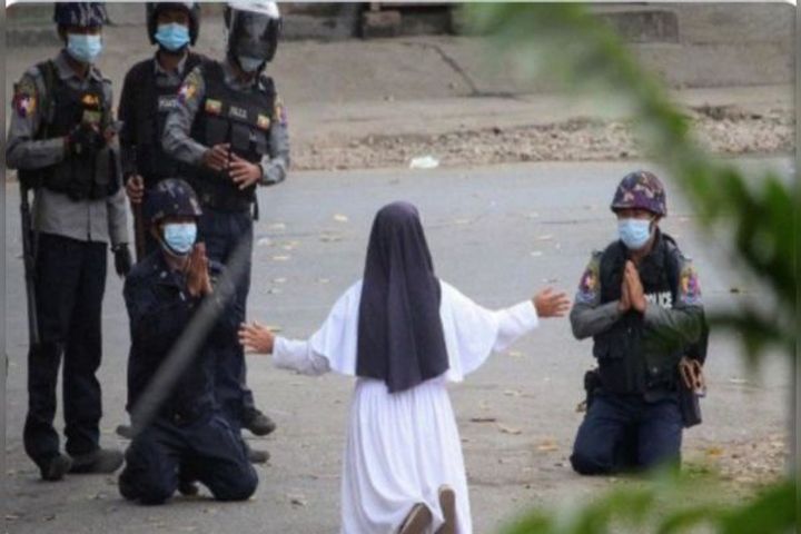Image of Myanmar nun pleading with military to spare children goes viral