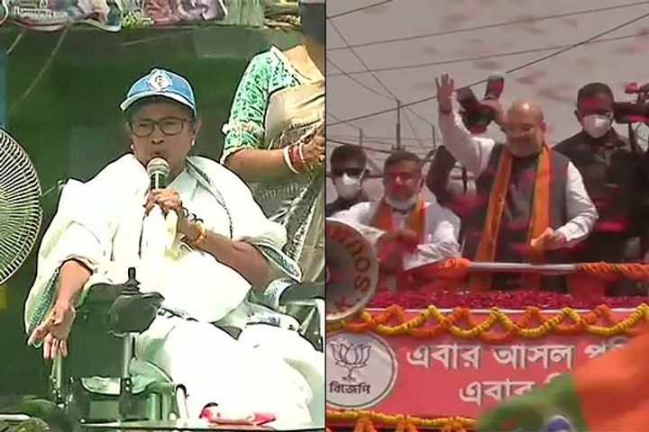 Shahs roadshow after Mamatas padyatra Suvendu Adhikari also present Shahs roadshow after Mamatas padyatra Suvendu Adhikari also present