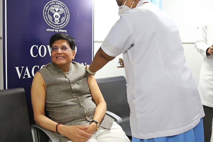 Union Minister Piyush Goyal takes his first dose of the COVID19 vaccine at AIIMS Delhi