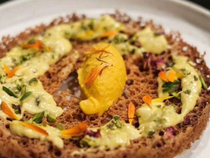 Ghevar with carrot sorbet Ghevar with carrot sorbet