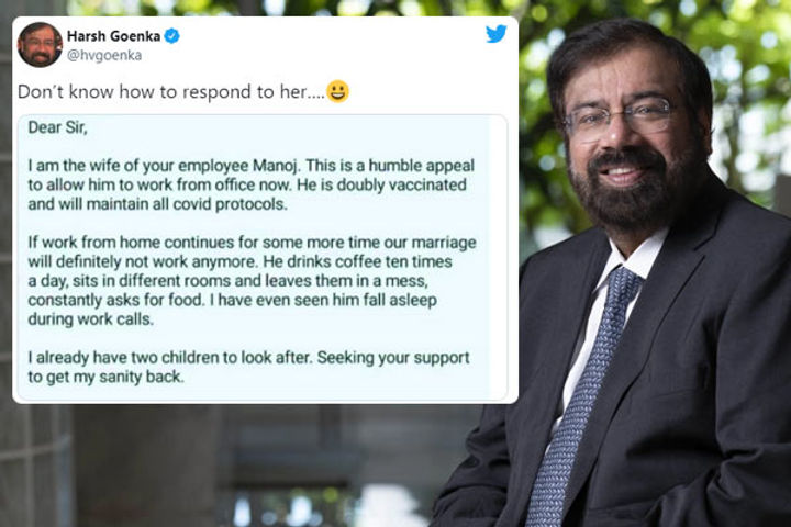 Woman makes desperate plea to allow husband to work from office Industrialist Harsh Goenka hilarious
