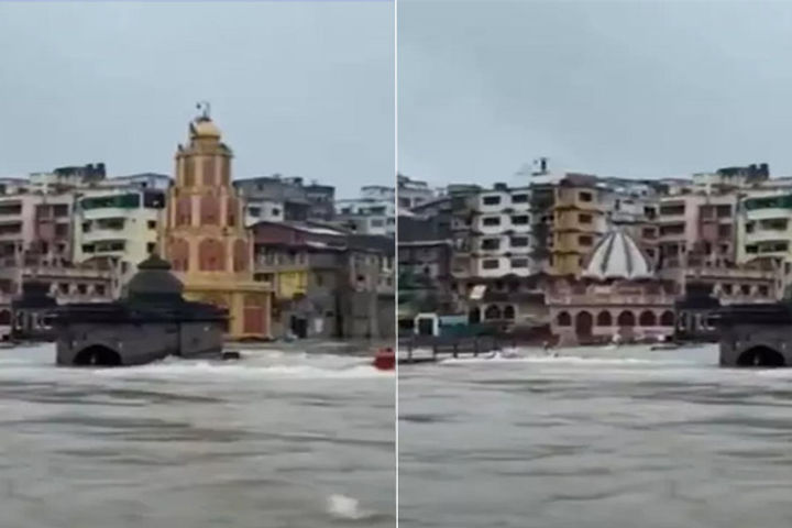 Godavari river in spate after heavy rain, water filled in Nashik temple