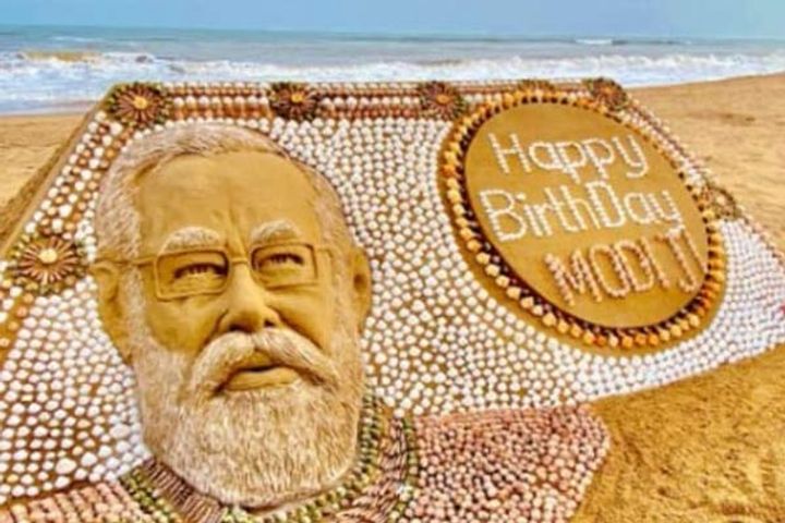 Sudarsan Pattnaik creates PM Modi sand sculpture with 2035 seashells on his 71st birthday