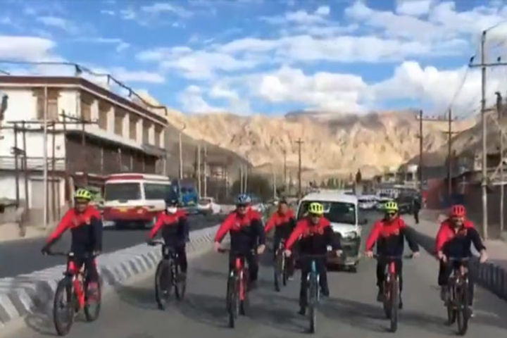 Anurag Thakur cycles along with Jamyang Tsering Namgyal Anurag Thakur cycles along with Jamyang Tsering Namgyal