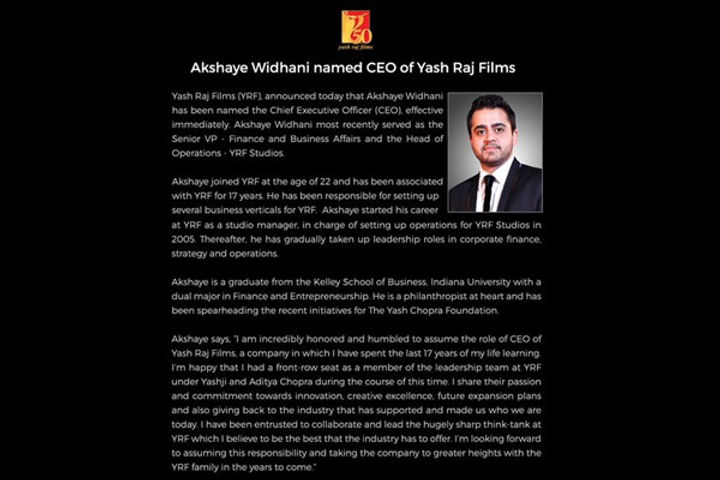 Akshay Vidhani becomes the new CEO of Yash Raj Films, has been associated with the studio for 17 yea