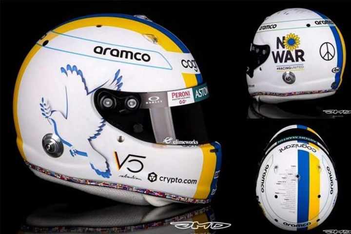 Sebatian Vettel Unveils No War Helmet At Bahrain Test Sebatian Vettel Unveils No War Helmet At Bahrain Test