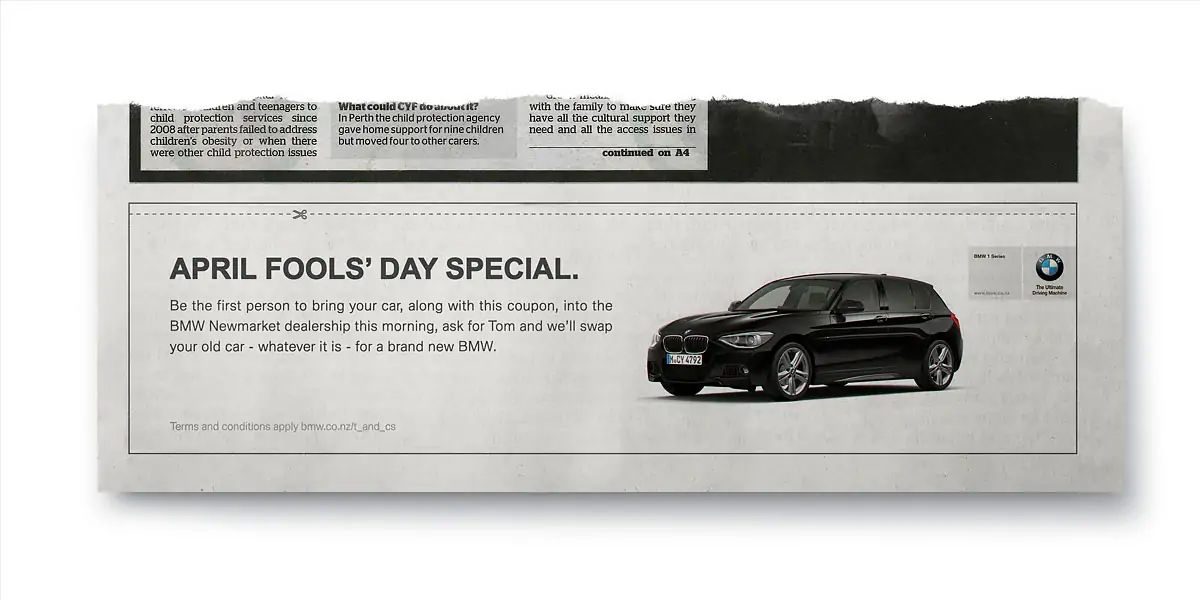 tianna marsh, bmw, new zealand, herald, april fool, tom, bmw newmarket, nissan avenir, vehicle