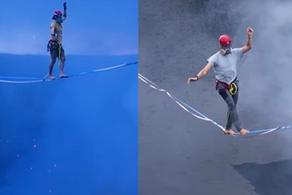 video of barefoot walking on top of volcano