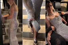 kim kardashian struggles to walk in super tight glittery silver dress