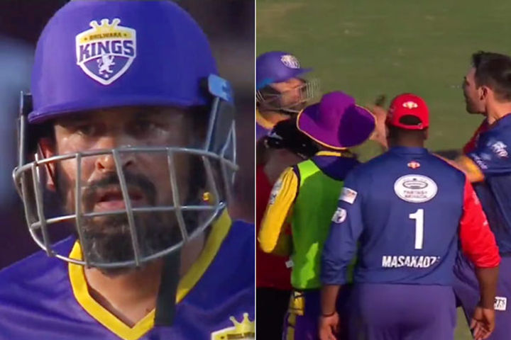 yusuf pathan and mitchell johnson clashed in the middle ground the umpire intervened