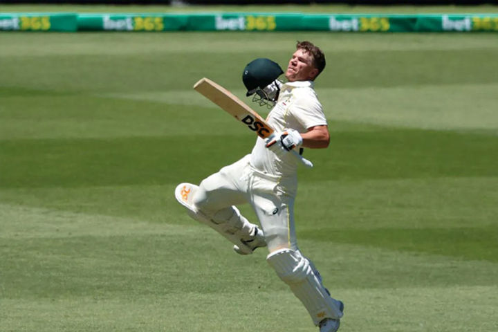 david warner celebrates after scoring a double century