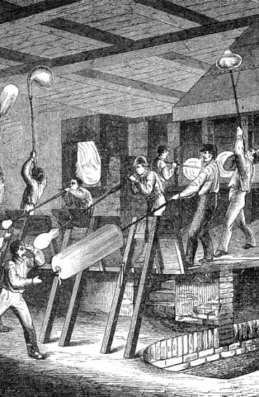 glass, sand, lime, soda, ash, high temperature