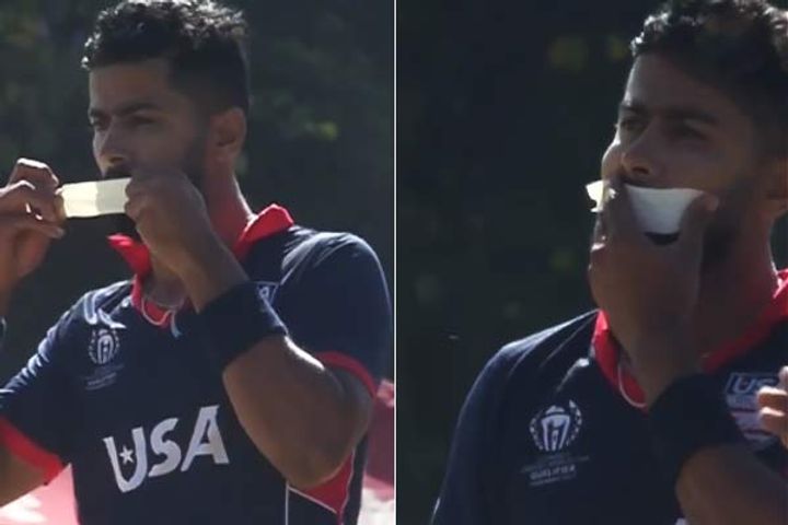 bowler pastes tape on mouth after taking wicket