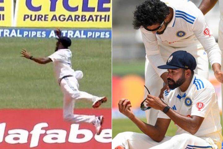 siraj caught a flying catch got hurt falling down